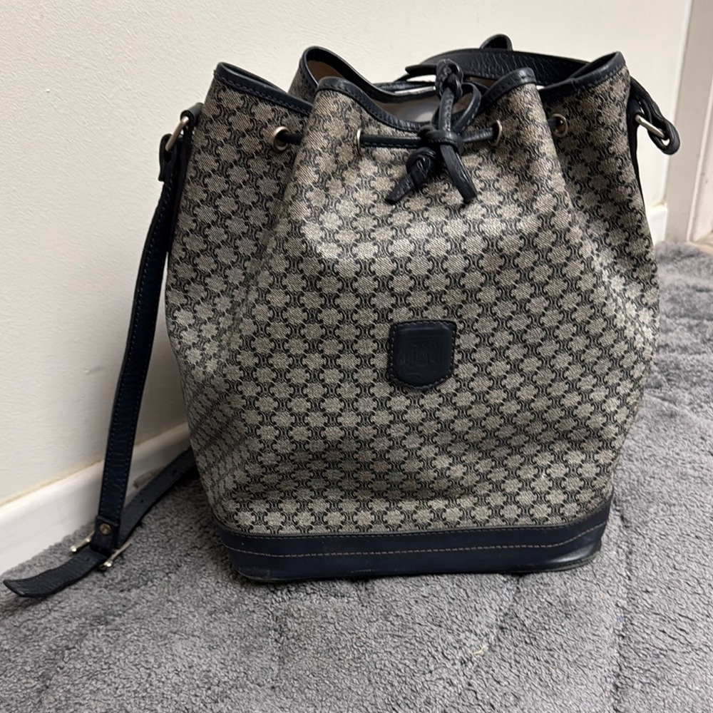 Rare authentic 90s Celine Triomphe Navy/Gray drawstring Bucket Bag